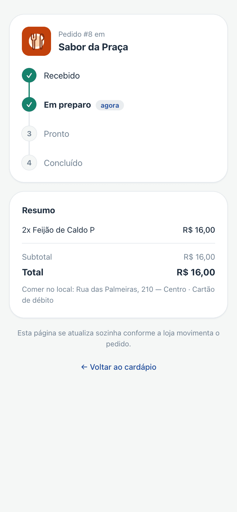 Página de acompanhamento do pedido no celular do cliente