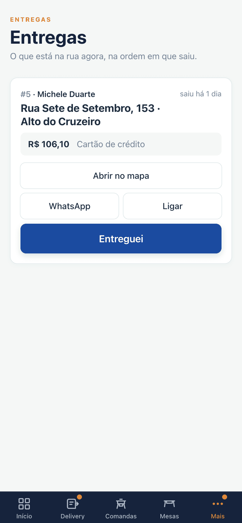 Tela de entregas no celular do entregador