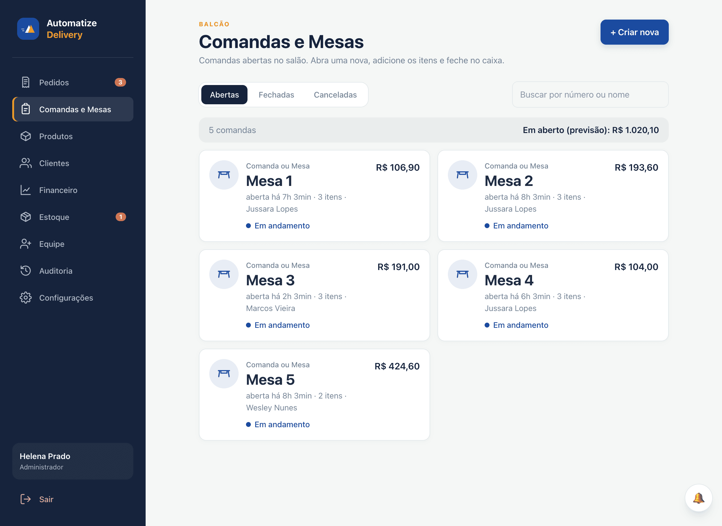 Tela de Comandas e Mesas com o salão aberto